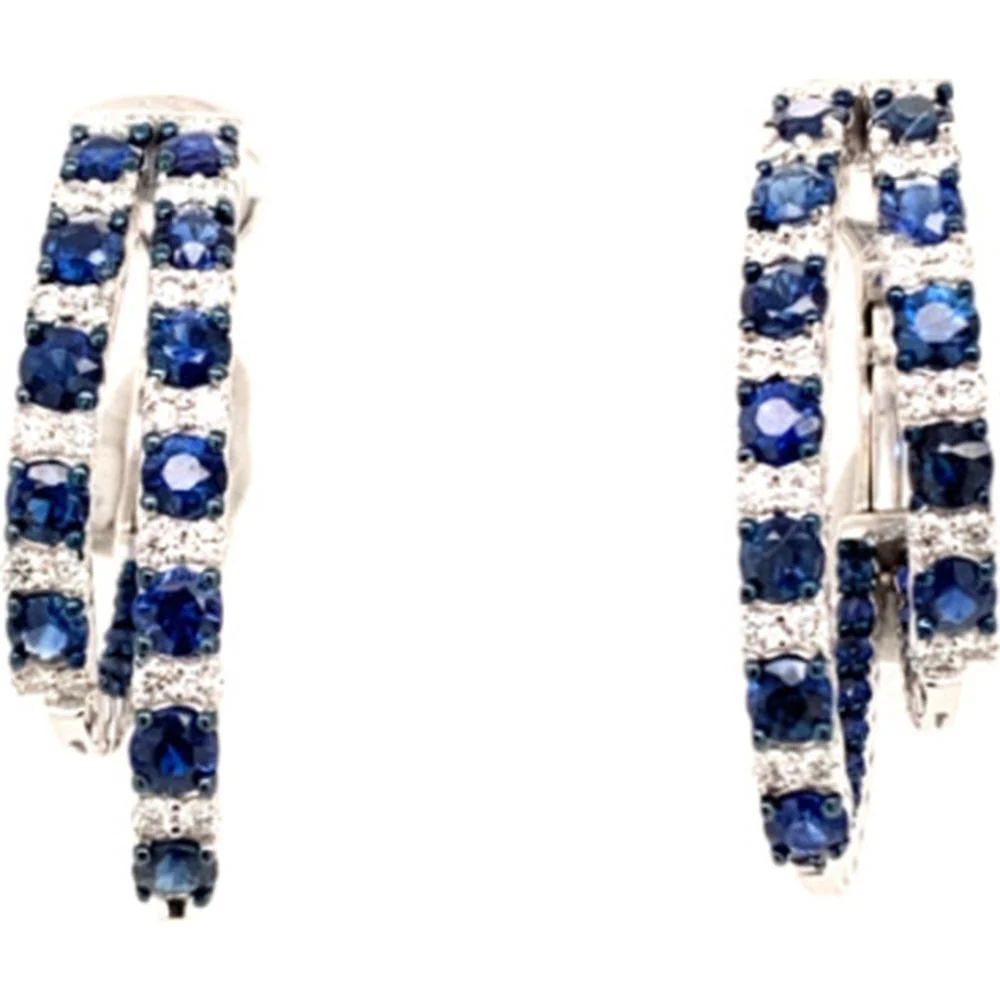18K White Gold Blue Sapphire and Diamond Hoop Earrings by Afarin