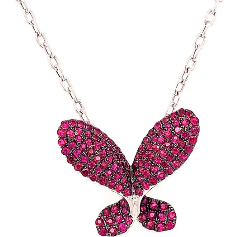 18K White Gold Butterfly Necklace with Pavé Set Round Rubies by Afarin