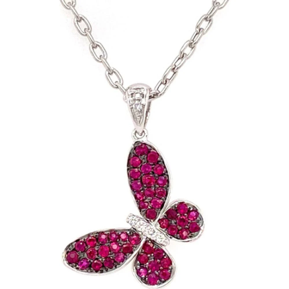 18K White Gold Butterfly Pendant with Rubies and Diamond Accents by Afarin