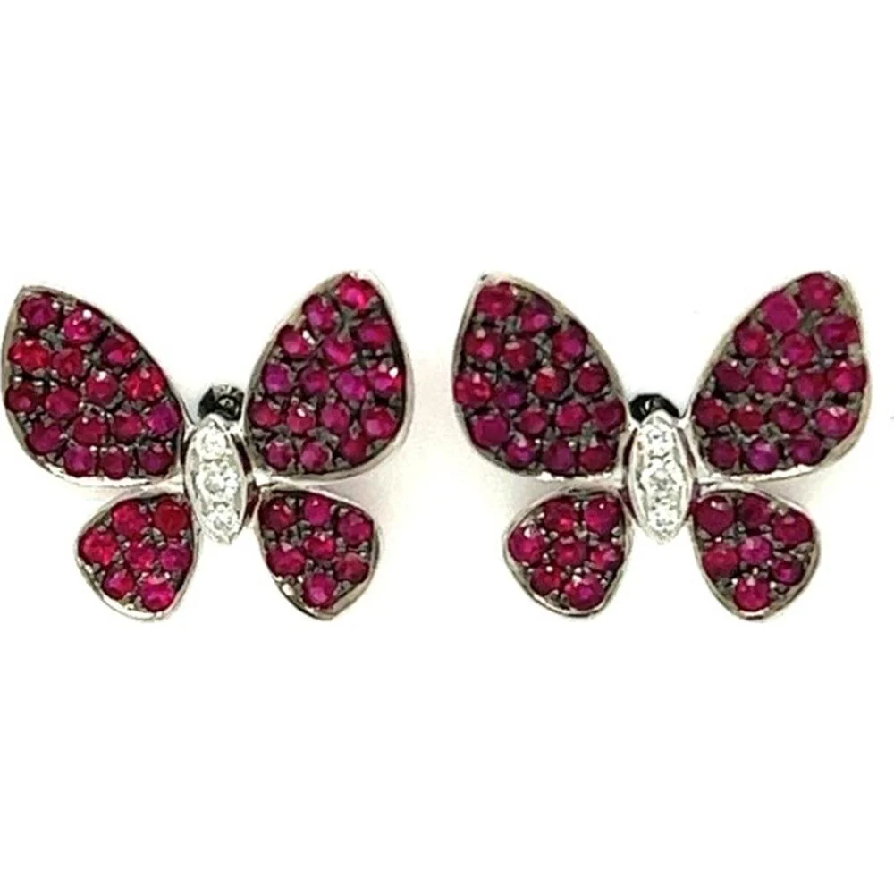 18K White Gold Butterfly Stud Earrings with Pavé Rubies and Diamond Accents by Afarin