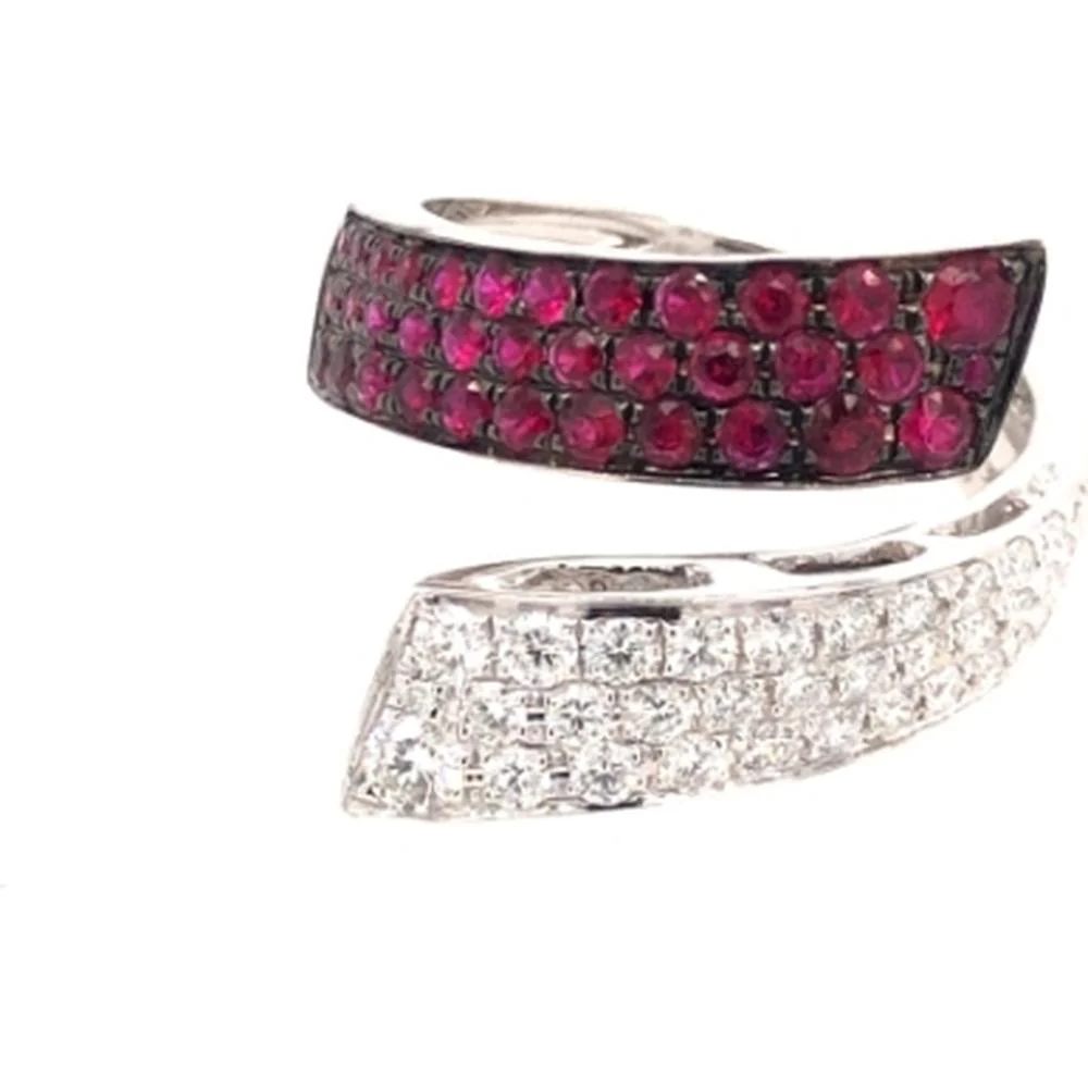 18K White Gold Bypass Ring with Round Rubies and Round Diamonds by Afarin