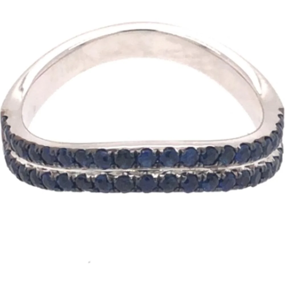 18K White Gold Chevron Band Ring with Double Row Round Blue Sapphires by Afarin