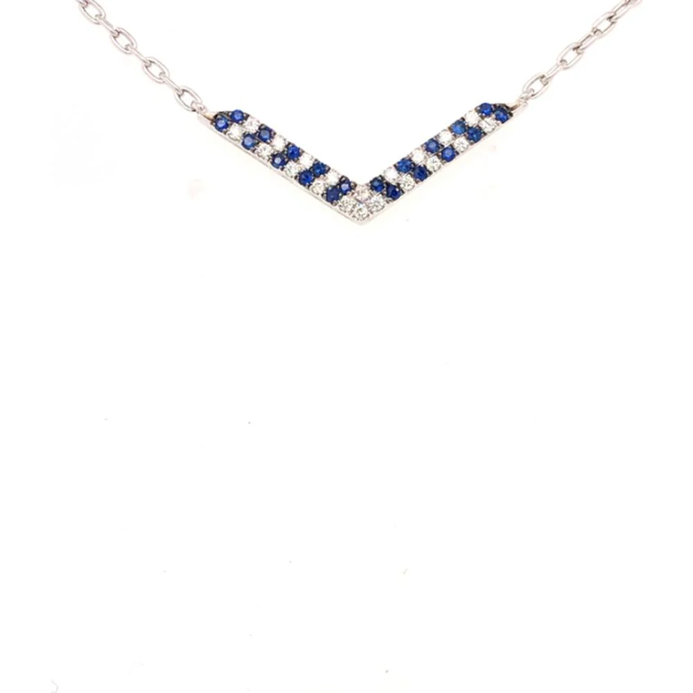 18K White Gold Chevron Pendant Necklace with Round Blue Sapphires and Diamonds by Afarin