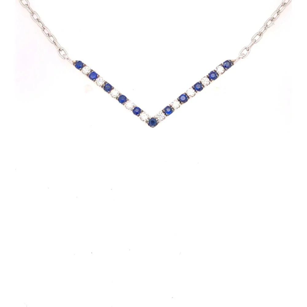18K White Gold Chevron Pendant Necklace with Round Blue Sapphires and Round Diamonds by Afarin