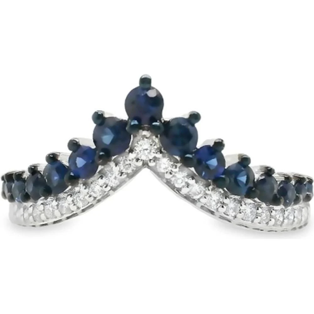 18K White Gold Chevron Ring with Round Blue Sapphires and Diamond Accents by Afarin
