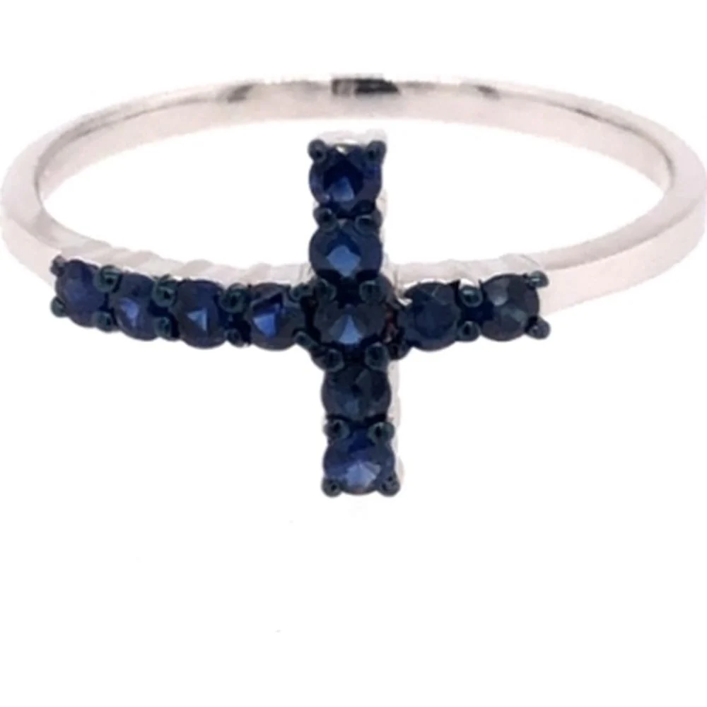 18K White Gold Contemporary Blue Sapphire Cross Motif Ring by Afarin