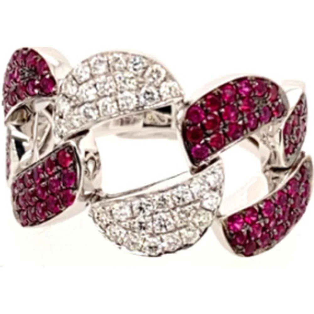 18K White Gold Contemporary Chain-Link Ring with Pave Rubies and Diamonds by Afarin