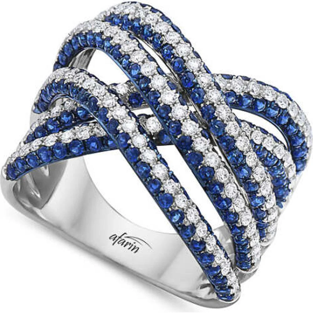 18K White Gold Contemporary Crisscross Ring with Round Blue Sapphires and Round Diamonds by Afarin