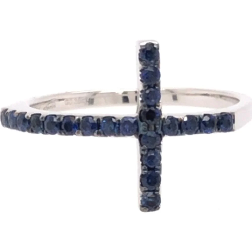 18K White Gold Contemporary Cross Style Ring with Round Blue Sapphires by Afarin