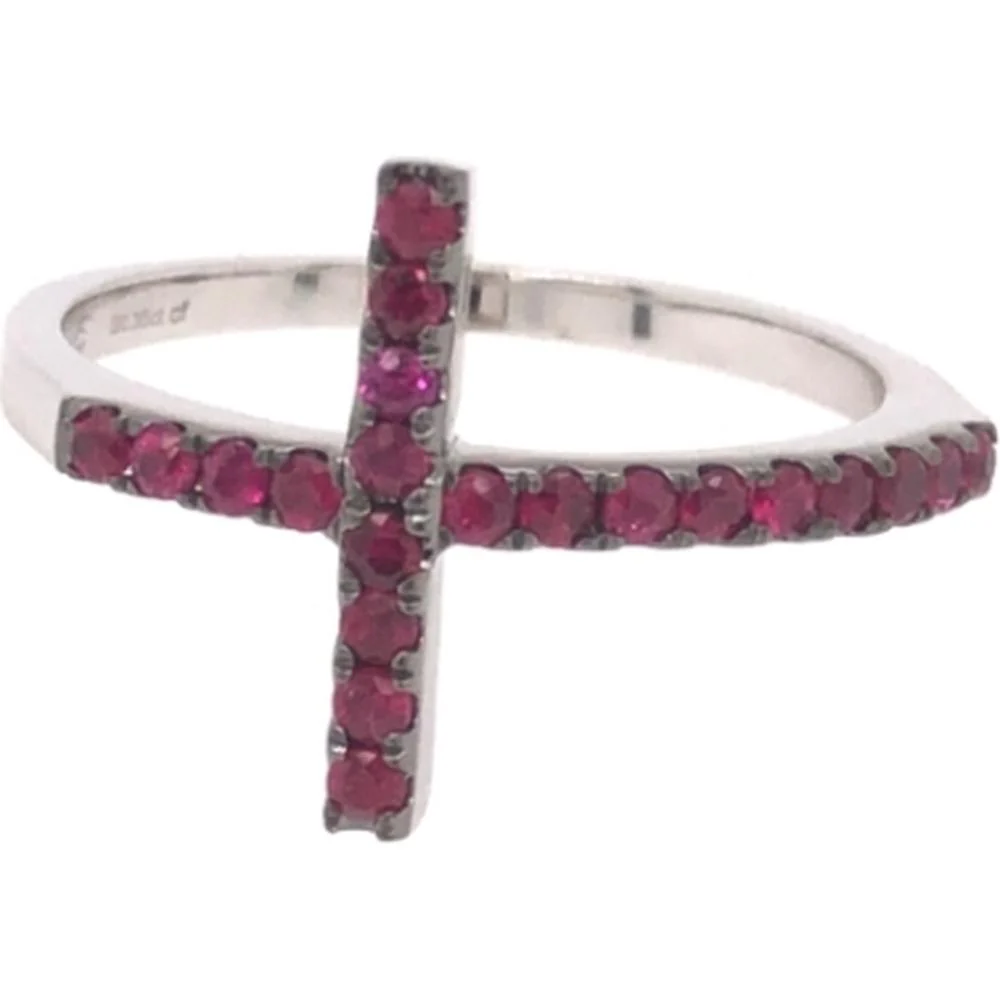 18K White Gold Contemporary Crossing Ruby Ring with Round Rubies by Afarin