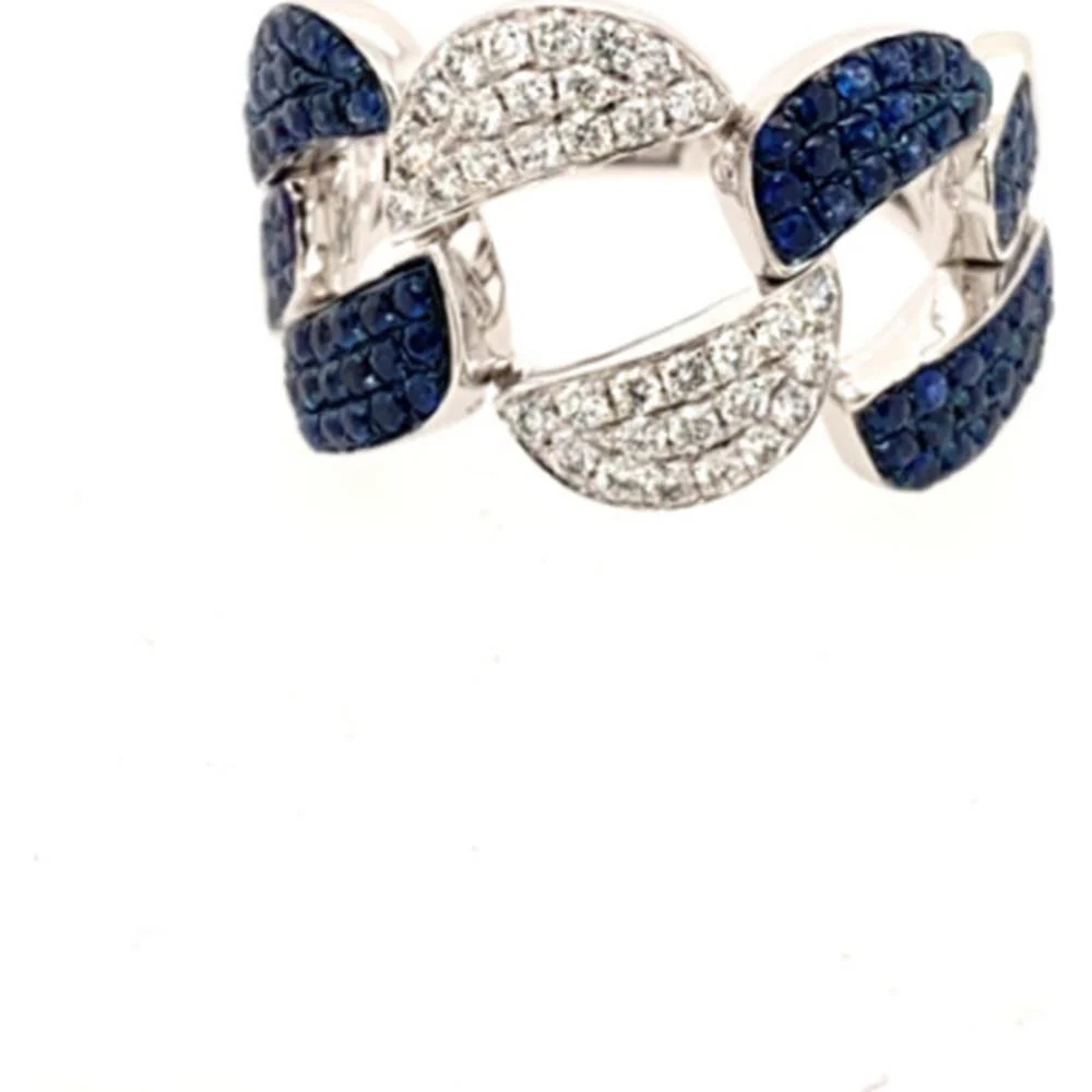 18K White Gold Contemporary Link Ring with Blue Sapphires and Pavé Diamonds by Afarin
