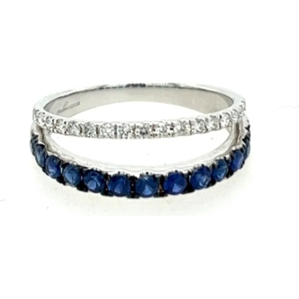 18K White Gold Contemporary Open Band Ring with Round Blue Sapphires and Diamond Accents by Afarin