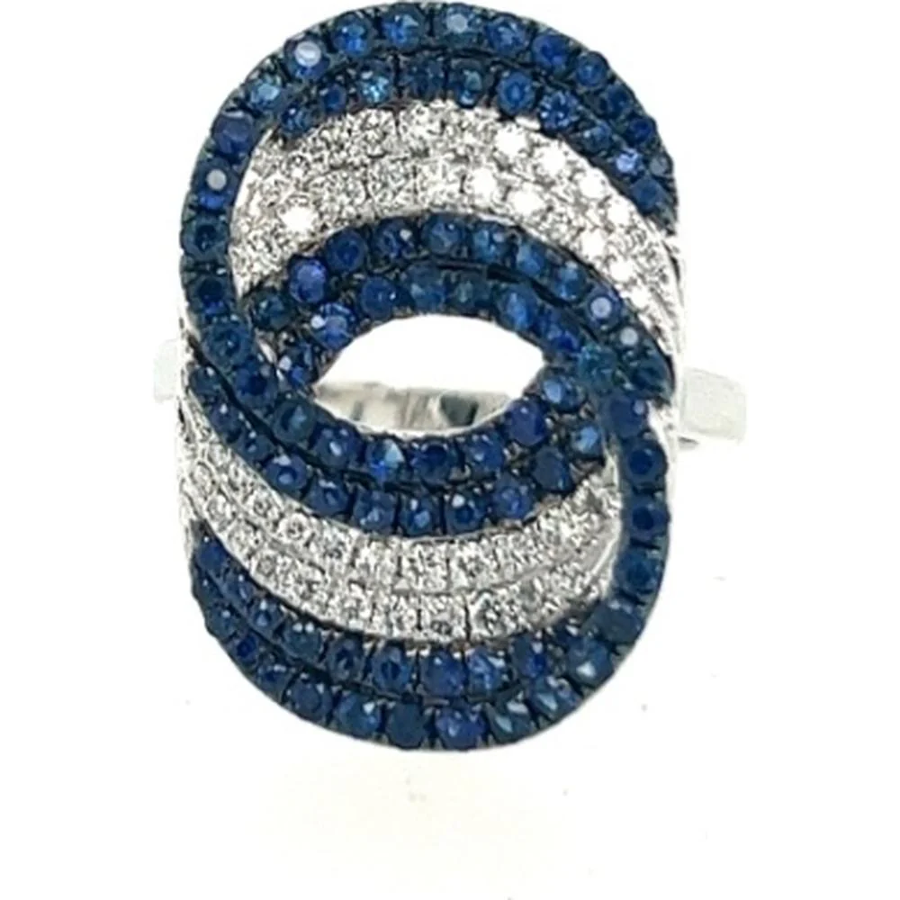 18K White Gold Contemporary Open Oval Ring with Blue Sapphires and Pavé Diamonds by Afarin