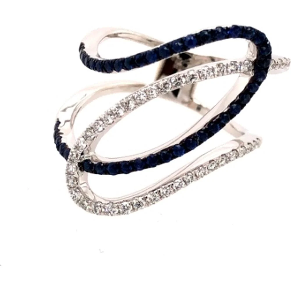 18K White Gold Contemporary Open Wrap Ring with Blue Sapphires and Diamonds by Afarin