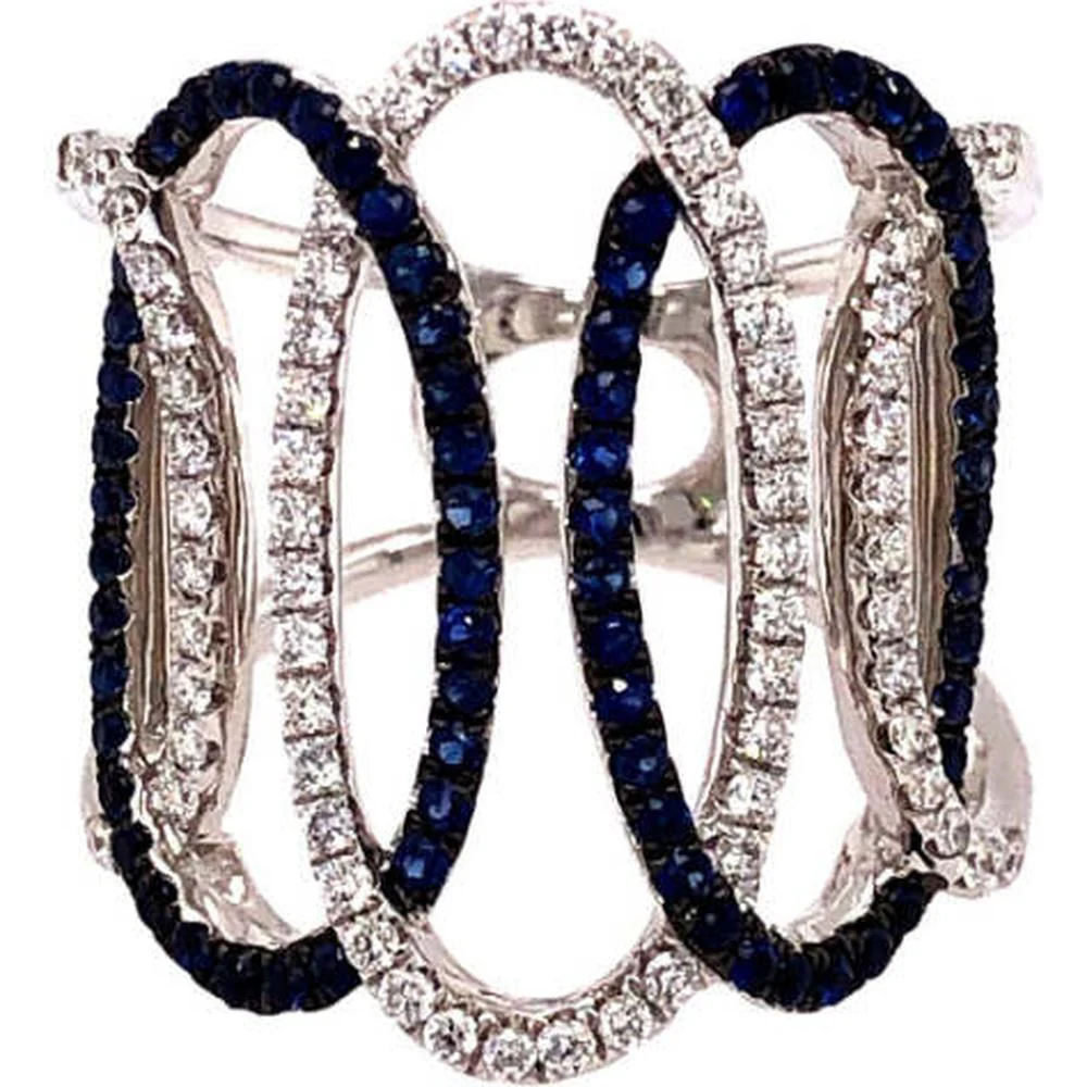 18K White Gold Contemporary Openwork Ring with Round Blue Sapphires and Round Diamonds by Afarin