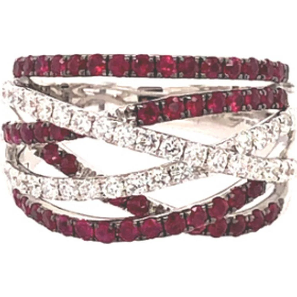 18K White Gold Crisscross Band Ring with Rubies and Diamonds by Afarin