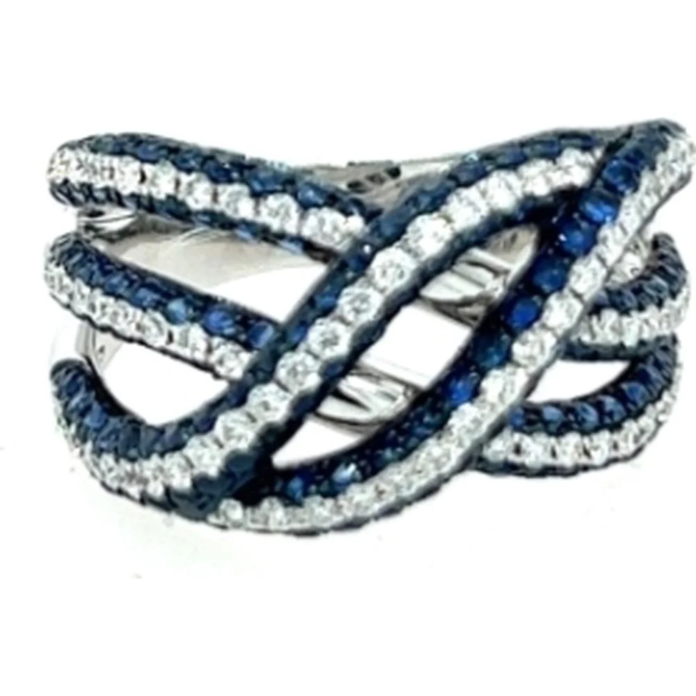 18K White Gold Crisscross Ring with Blue Sapphires and Diamonds by Afarin
