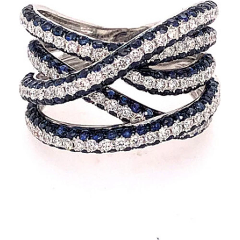 18K White Gold Crisscross Ring with Blue Sapphires and Diamonds by Afarin