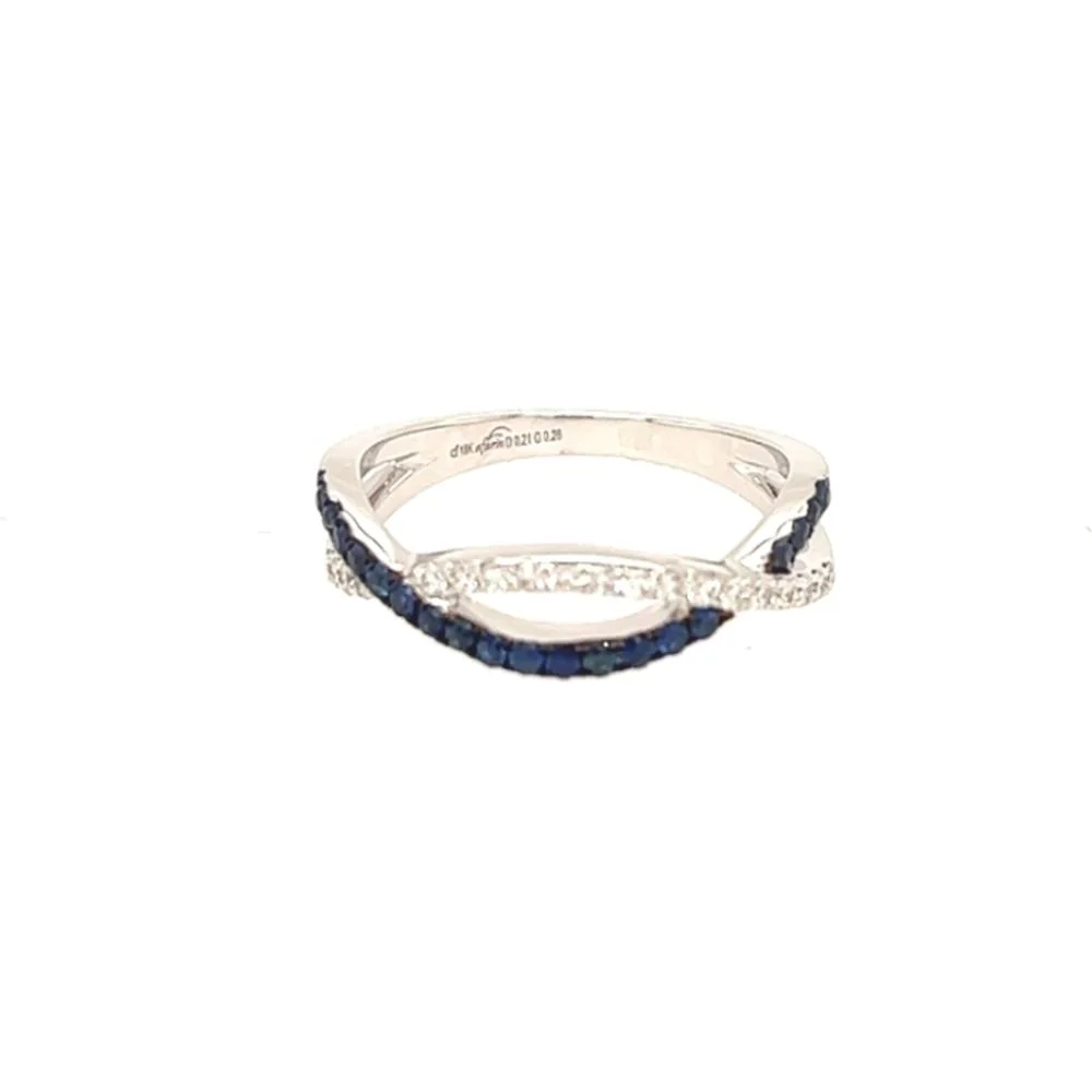 18K White Gold Crisscross Ring with Blue Sapphires and Pavé Diamonds by Afarin