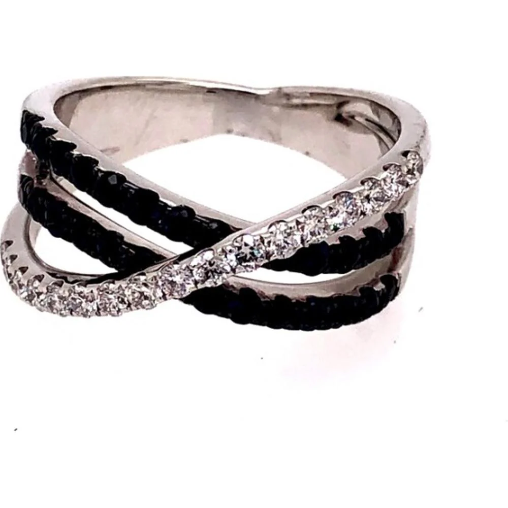 18K White Gold Crisscross Ring with Blue Sapphires and Round Diamonds by Afarin