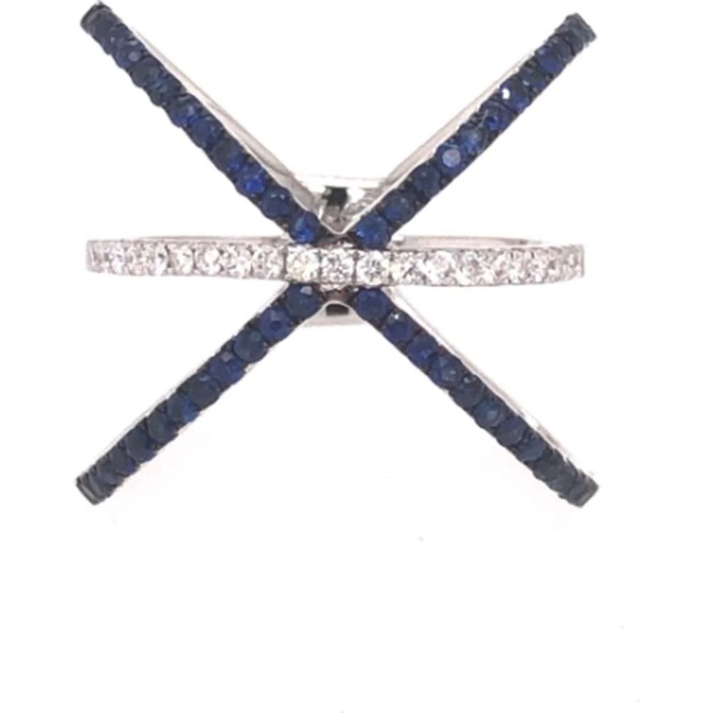 18K White Gold Crisscross Ring with Round Blue Sapphires and Center Diamond Band by Afarin