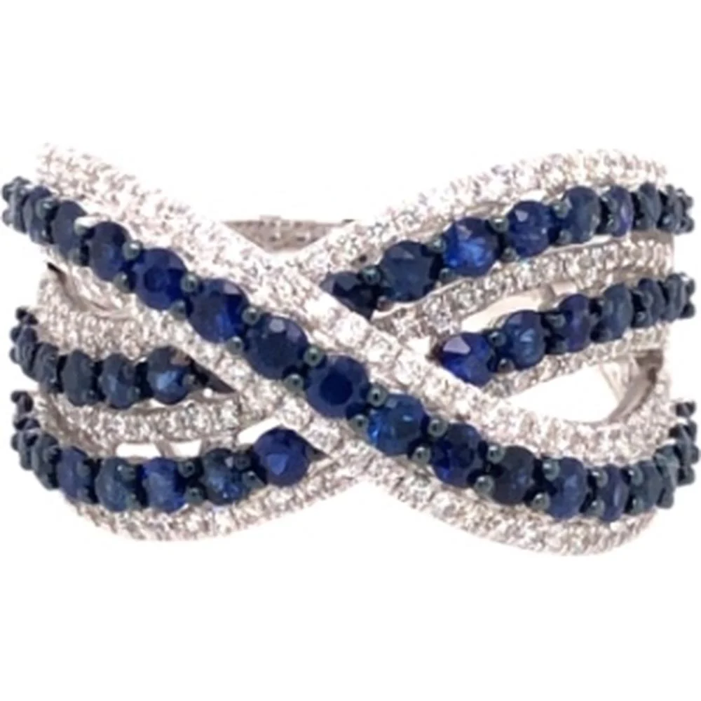 18K White Gold Crisscross Ring with Round Blue Sapphires and Diamond Accents by Afarin
