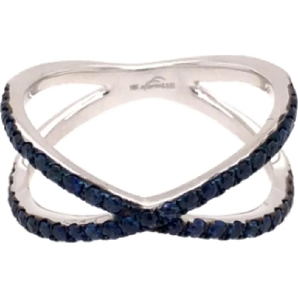 18K White Gold Crisscross Ring with Round Blue Sapphires by Afarin