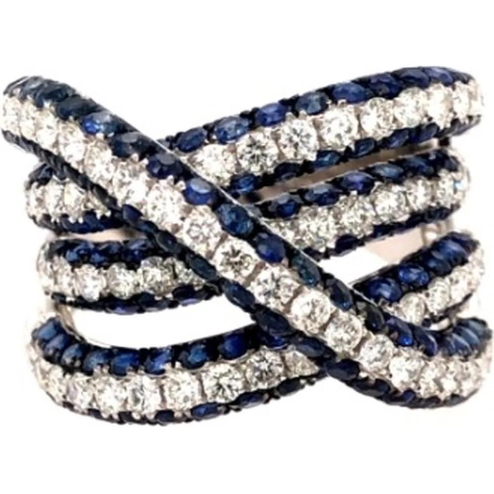 18K White Gold Crisscross Ring with Round Diamonds and Blue Sapphires by Afarin