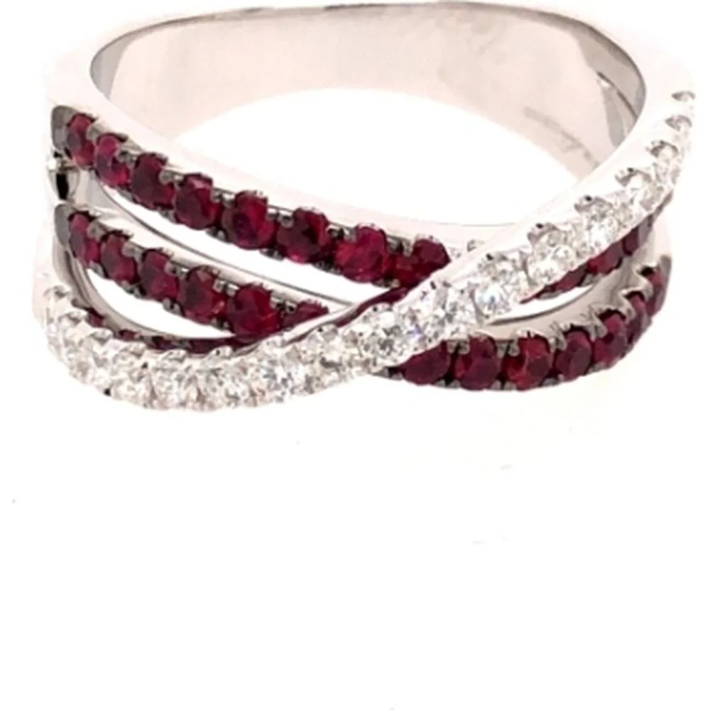 18K White Gold Crisscross Ring with Round Rubies and Diamond Accents by Afarin