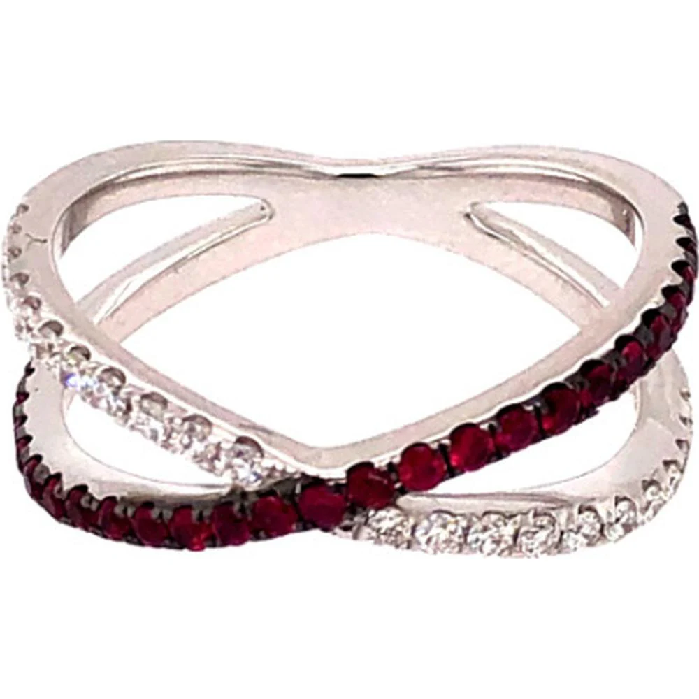18K White Gold Crisscross Ring with Rubies and Diamond Accents by Afarin