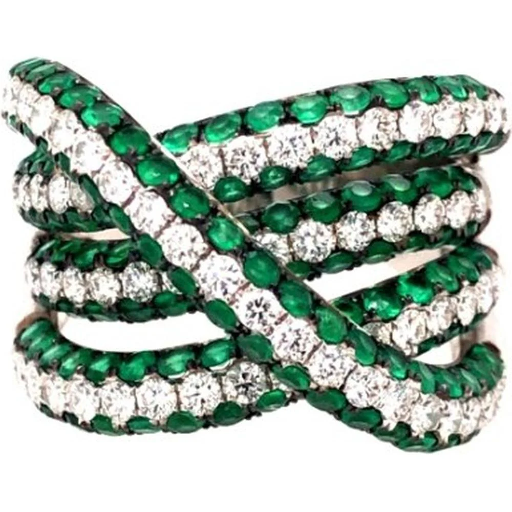 18K White Gold Crisscross Statement Ring with Emeralds and Diamonds by Afarin