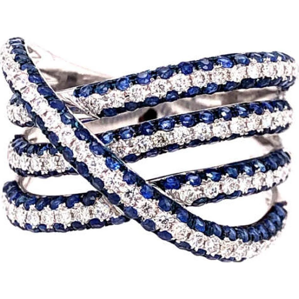 18K White Gold Crisscross Statement Ring with Round Blue Sapphires and Diamonds by Afarin