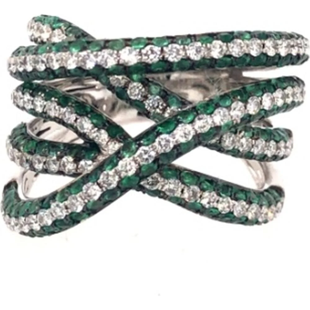 18K White Gold Crisscross Statement Ring with Round Diamonds and Emeralds by Afarin