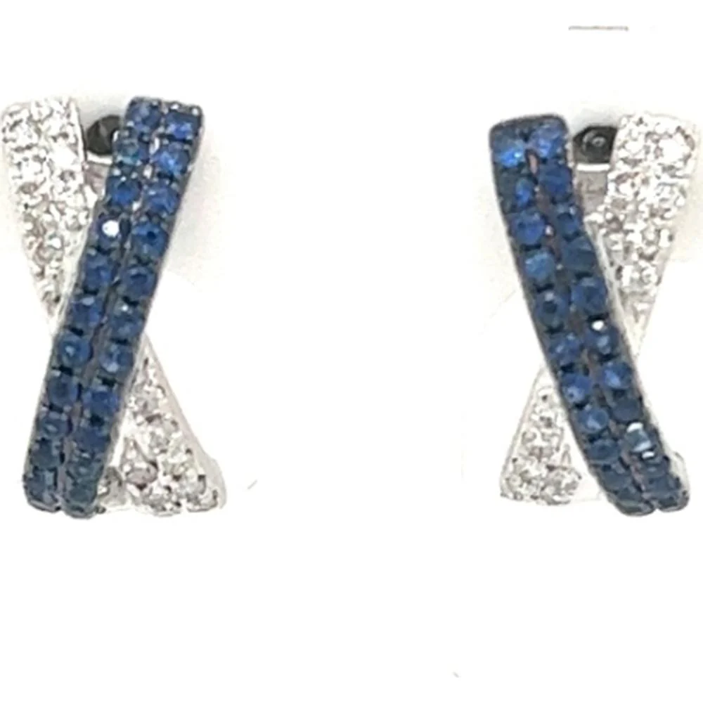 18K White Gold Crisscross Stud Earrings with Blue Sapphires and Diamond Accents by Afarin