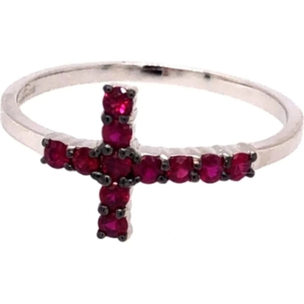 18K White Gold Cross Motif Ring with Round Rubies by Afarin