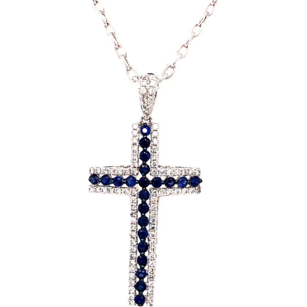 18K White Gold Cross Necklace with Round Blue Sapphires and Diamond Accents by Afarin
