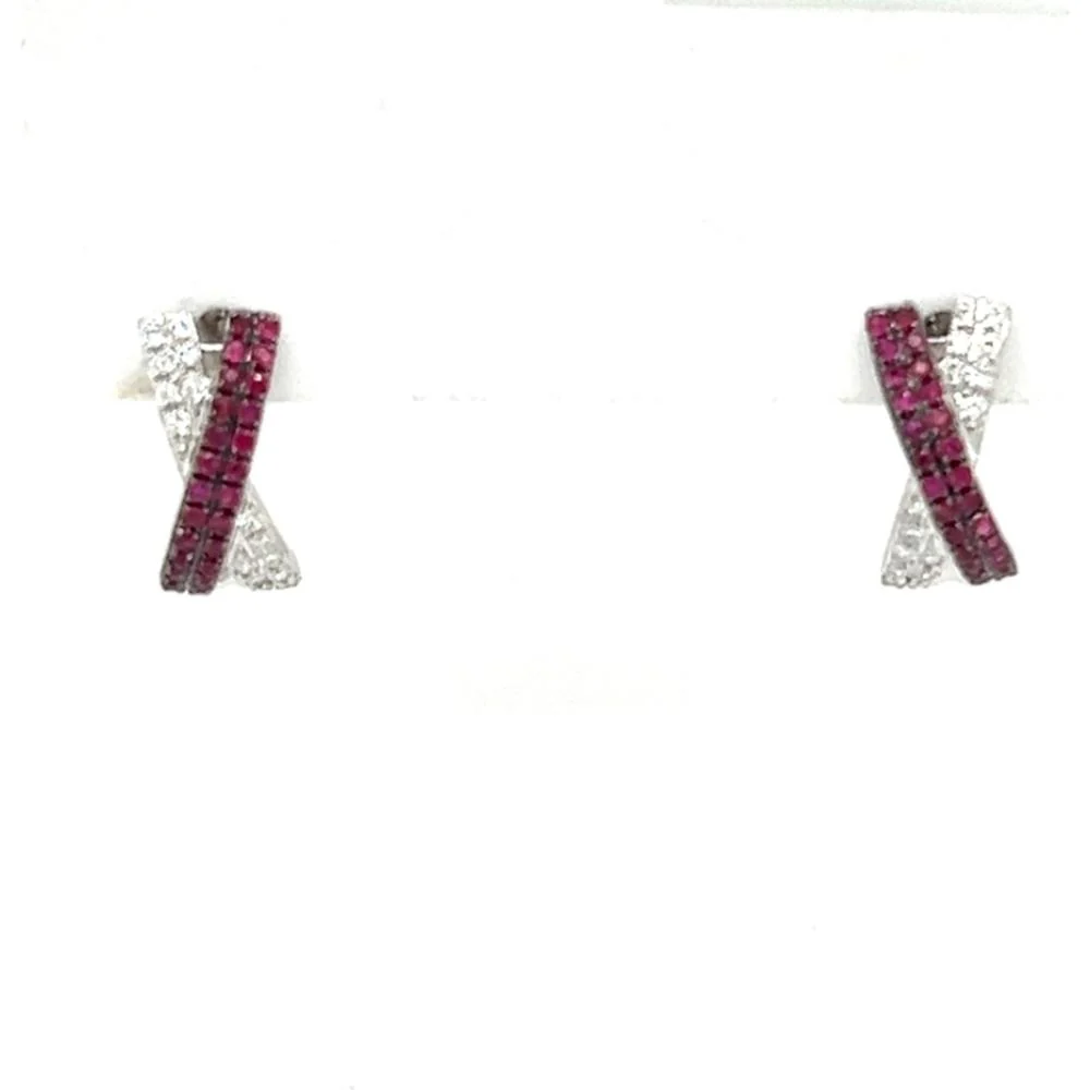 18K White Gold Cross-Over Earrings with Rubies and Diamonds by Afarin