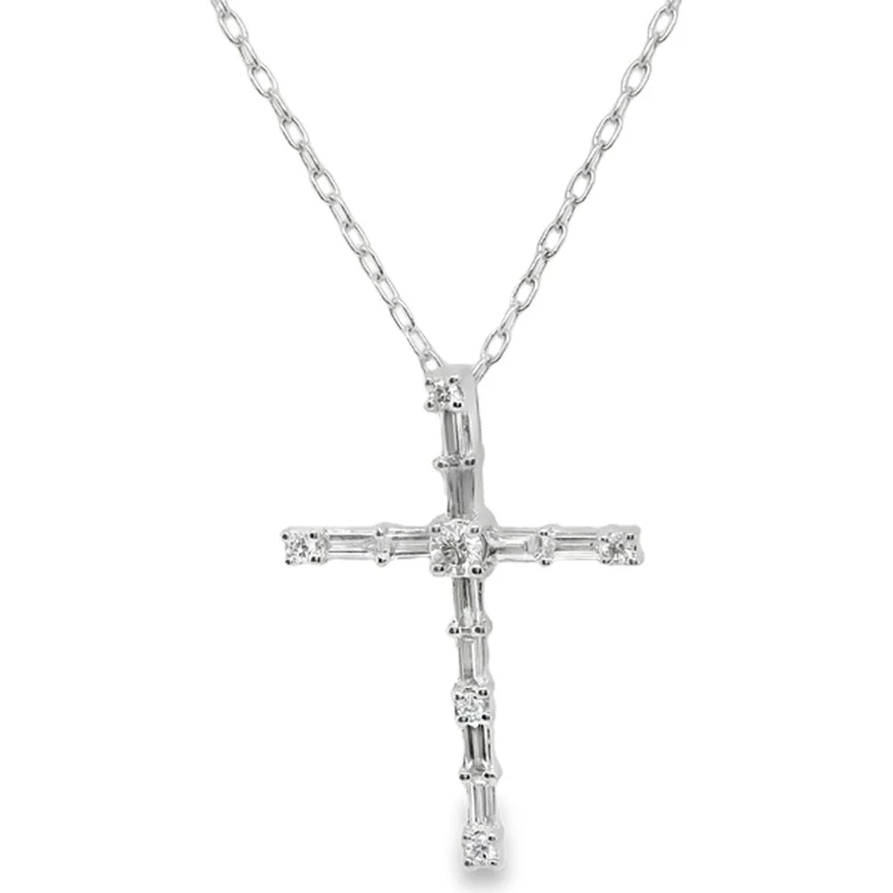 18K White Gold Cross Pendant Necklace with Baguette and Round Diamonds by Afarin