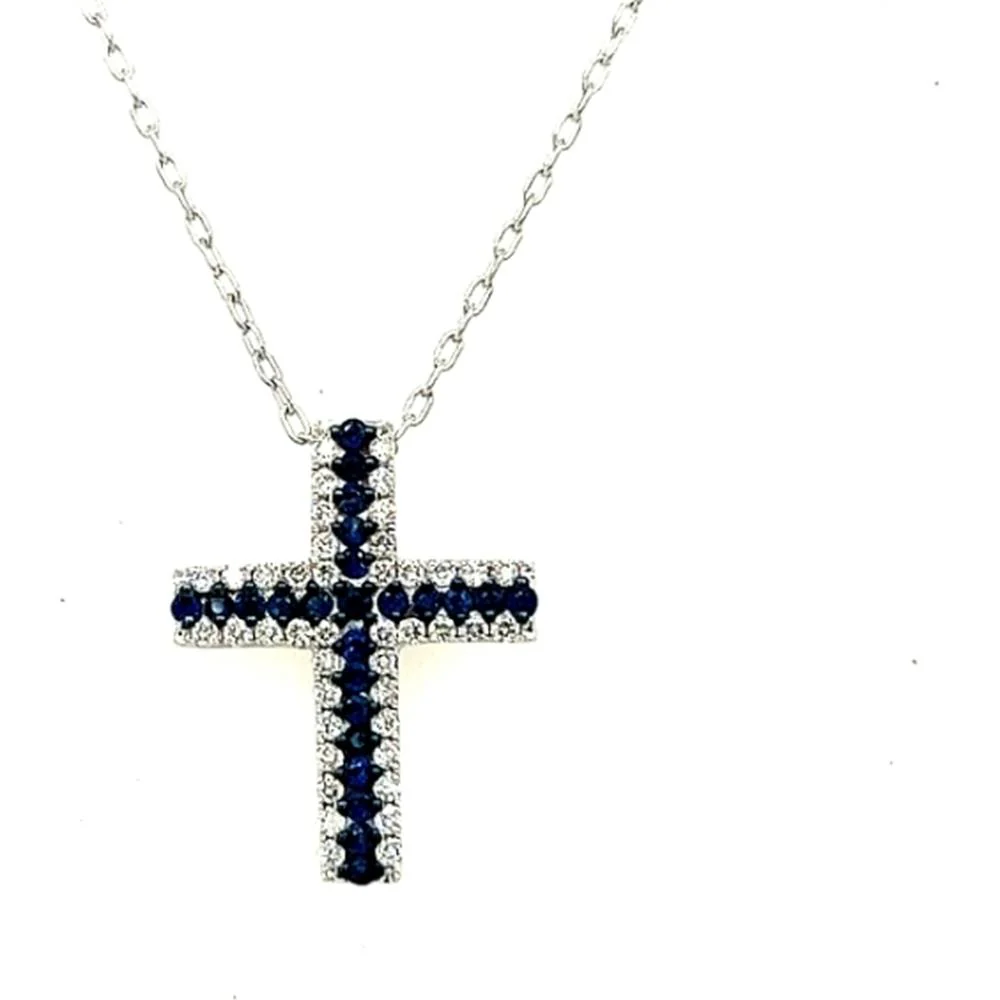 18K White Gold Cross Pendant Necklace with Blue Sapphires and Diamond Accents by Afarin