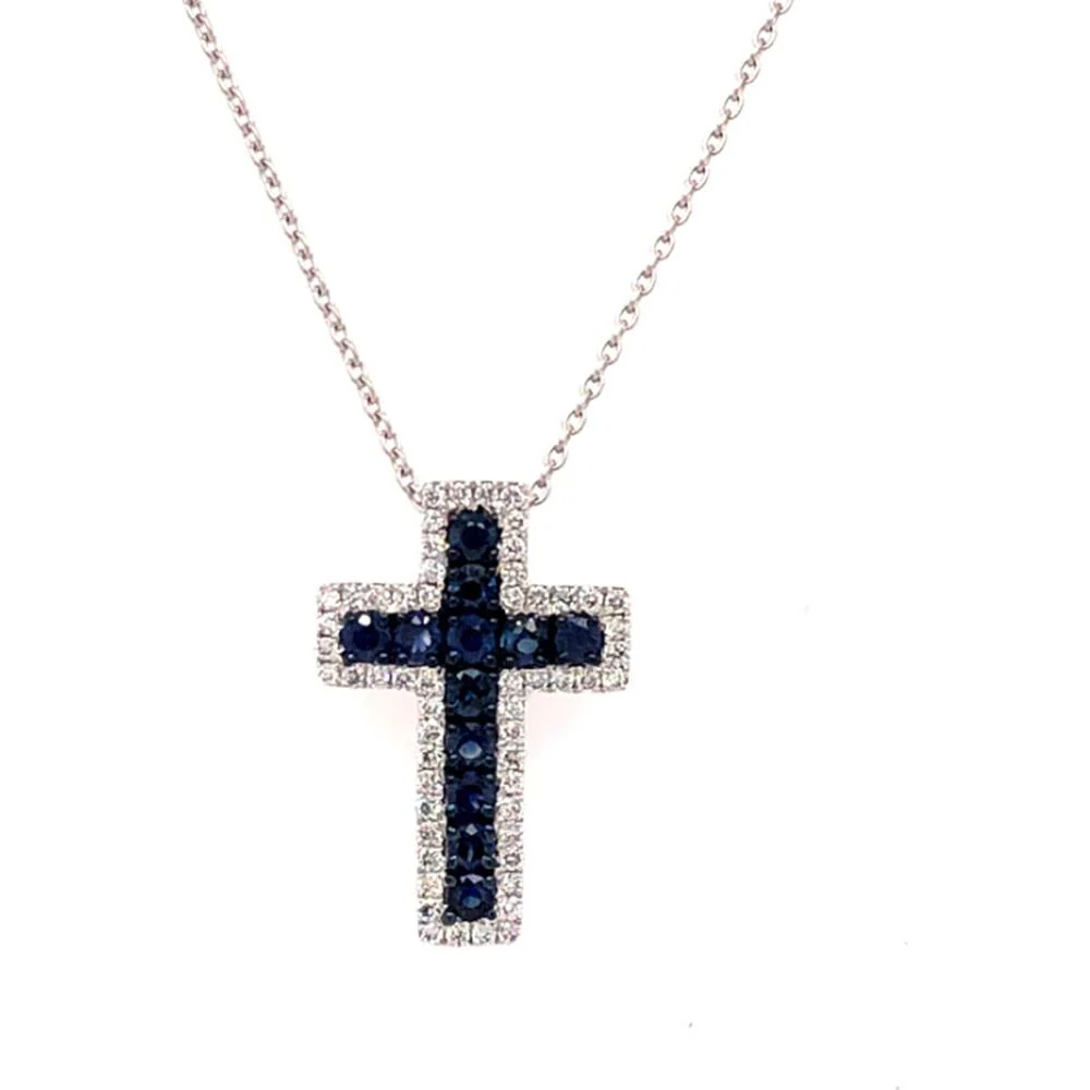 18K White Gold Cross Pendant Necklace with Blue Sapphires and Diamond Halo by Afarin