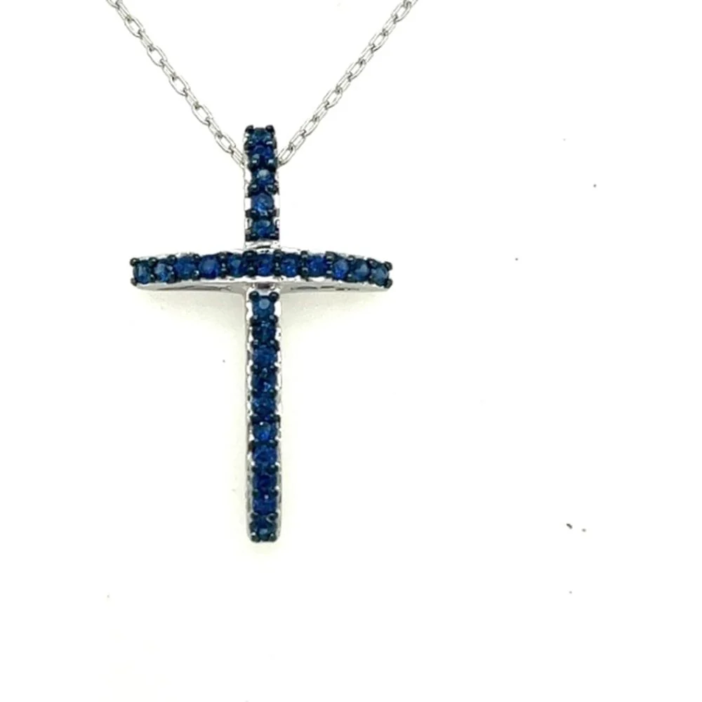 18K White Gold Cross Pendant Necklace with Blue Sapphires by Afarin