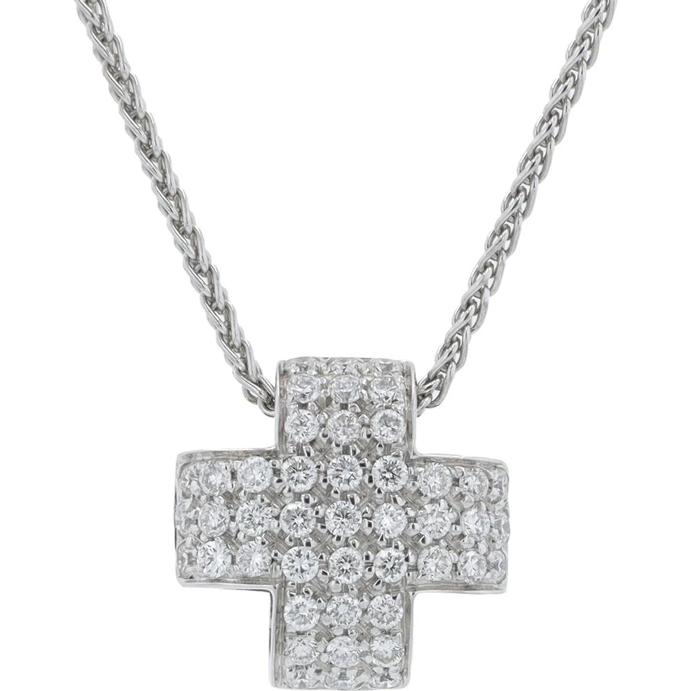 18K White Gold Cross Pendant Necklace with Pavé Set Diamonds - 0.50 Carat Total Diamond Weight