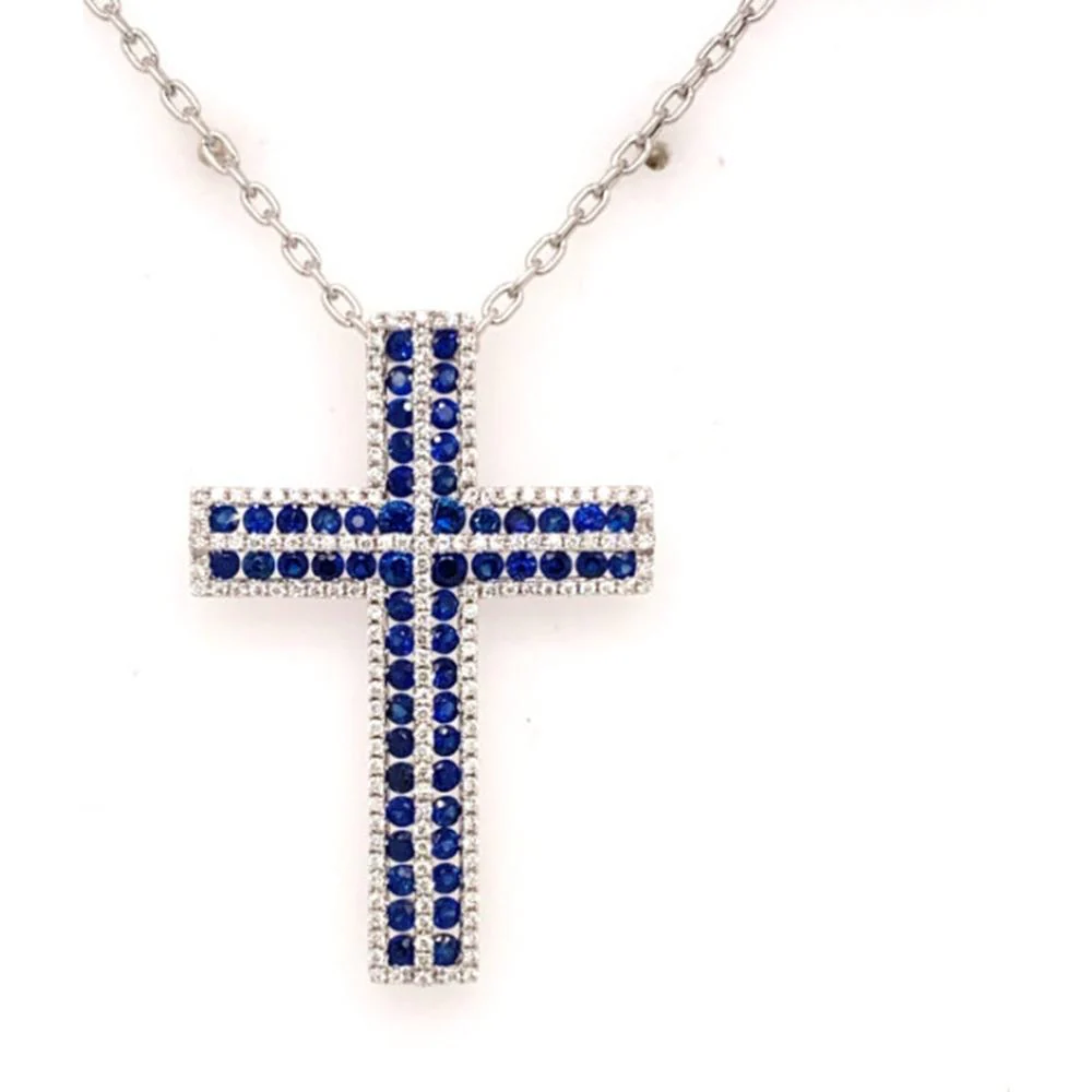 18K White Gold Cross Pendant Necklace with Round Blue Sapphires and Diamond Accents by Afarin