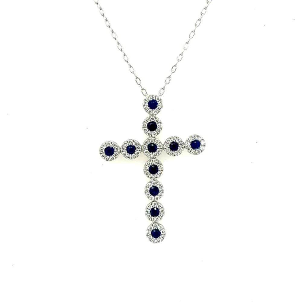 18K White Gold Cross Pendant Necklace with Round Blue Sapphires and Diamond Halos by Afarin
