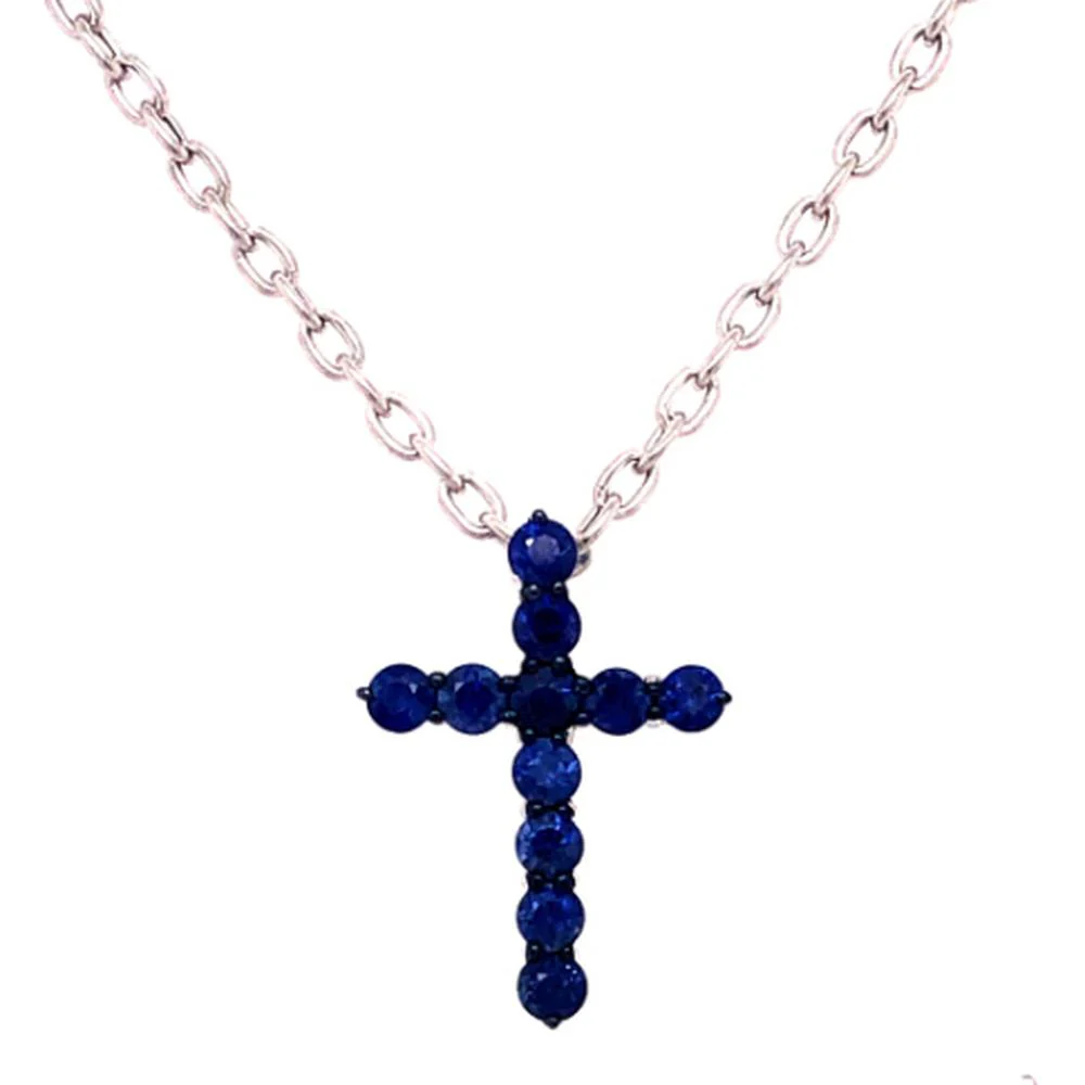 18K White Gold Cross Pendant Necklace with Round Blue Sapphires by Afarin