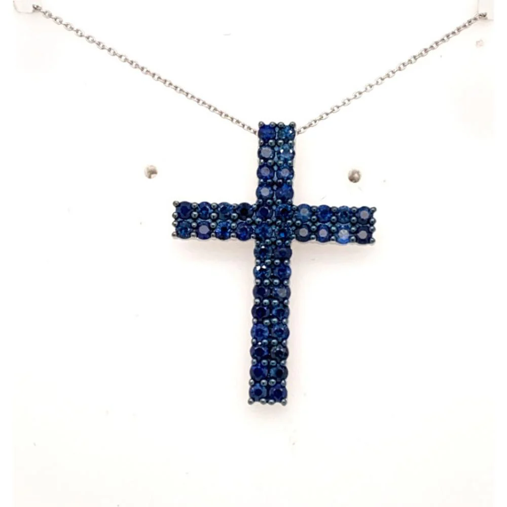18K White Gold Cross Pendant Necklace with Round Blue Sapphires by Afarin
