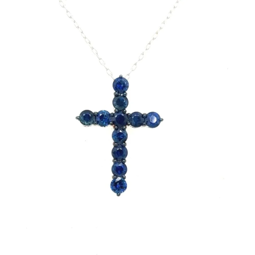 18K White Gold Cross Pendant Necklace with Round Blue Sapphires by Afarin