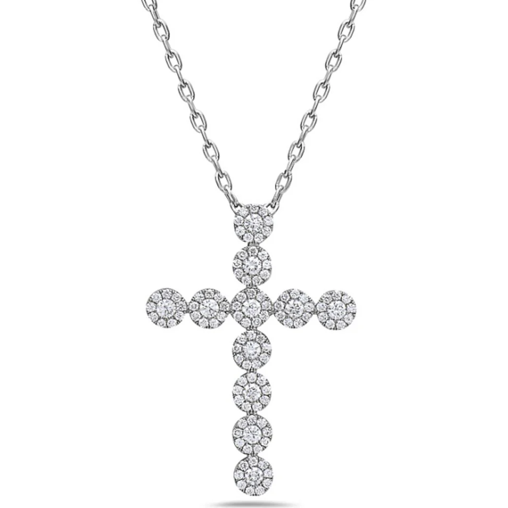 18K White Gold Cross Pendant Necklace with Round Diamond Cluster Motif by Afarin