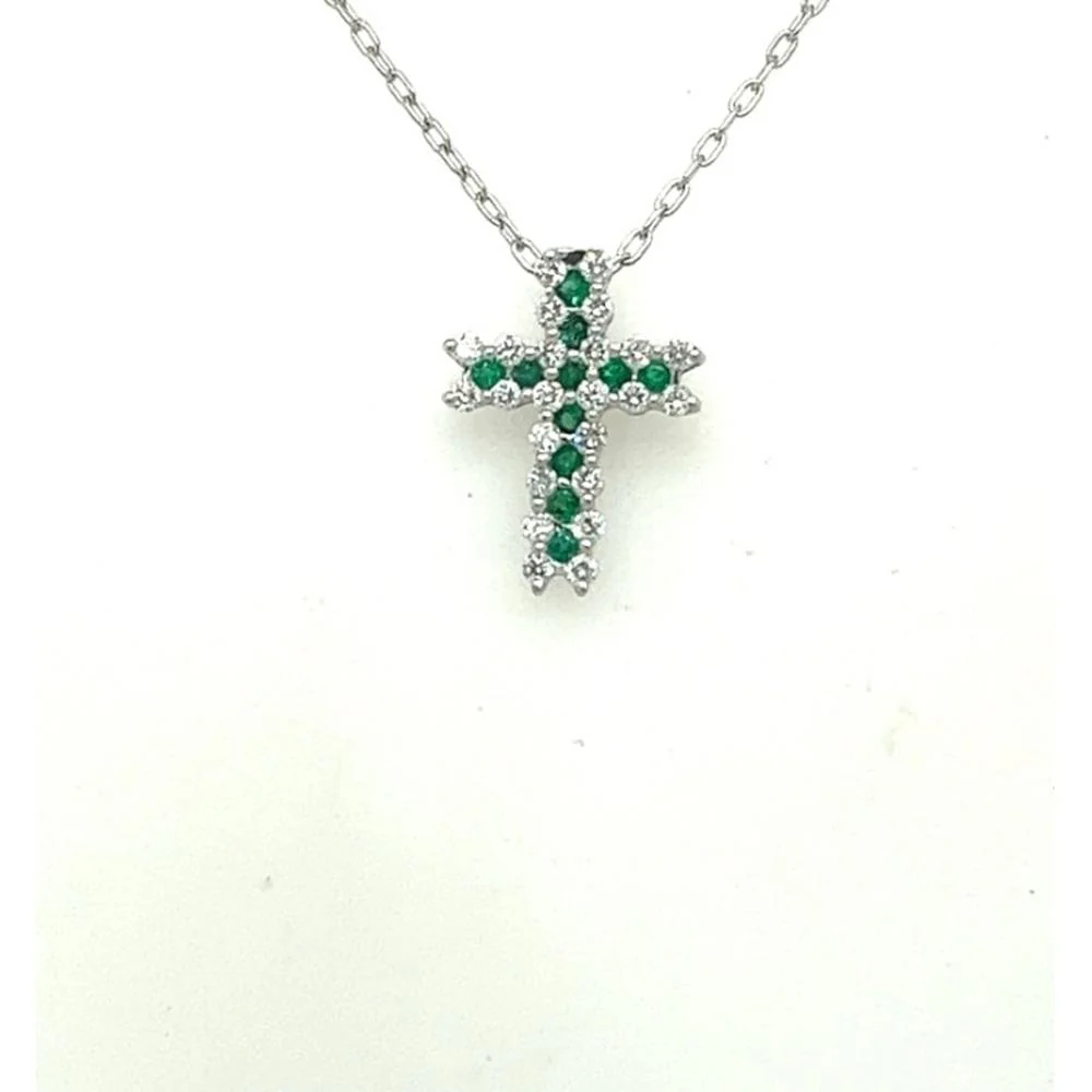 18K White Gold Cross Pendant Necklace with Round Emeralds and Diamonds by Afarin