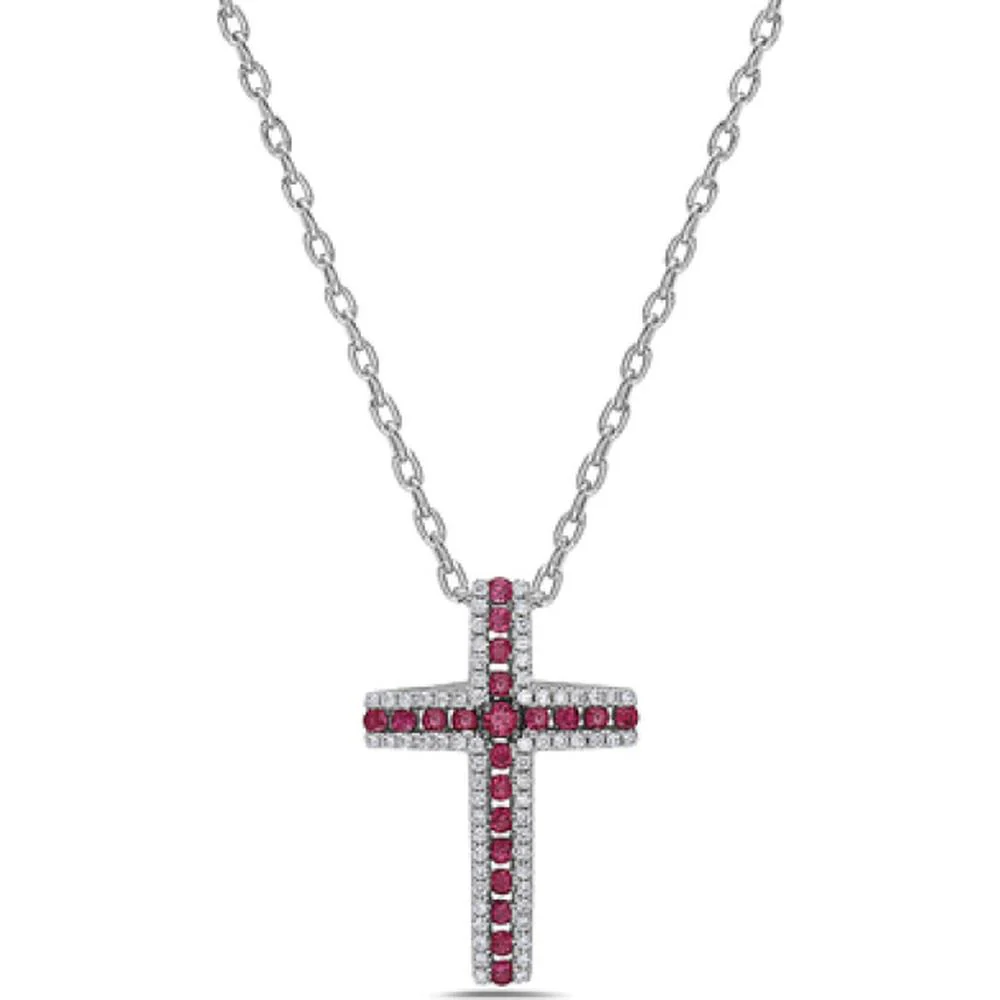 18K White Gold Cross Pendant Necklace with Round Rubies and Round Diamonds by Afarin